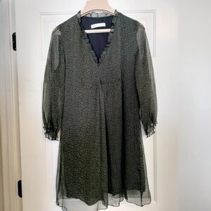 Zara Dress Size M  Green Animal Print Ruffle Detail Sheer Long Sleeve Mini